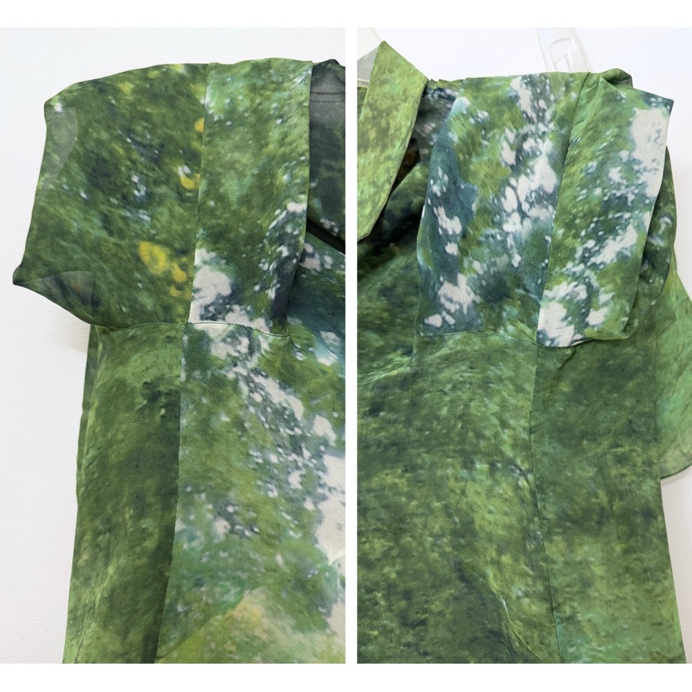 Akris Tree Forest Print Silk Chiffon Blouse Top Pleated Green Foliage Floral 8 - Picture 14 of 16